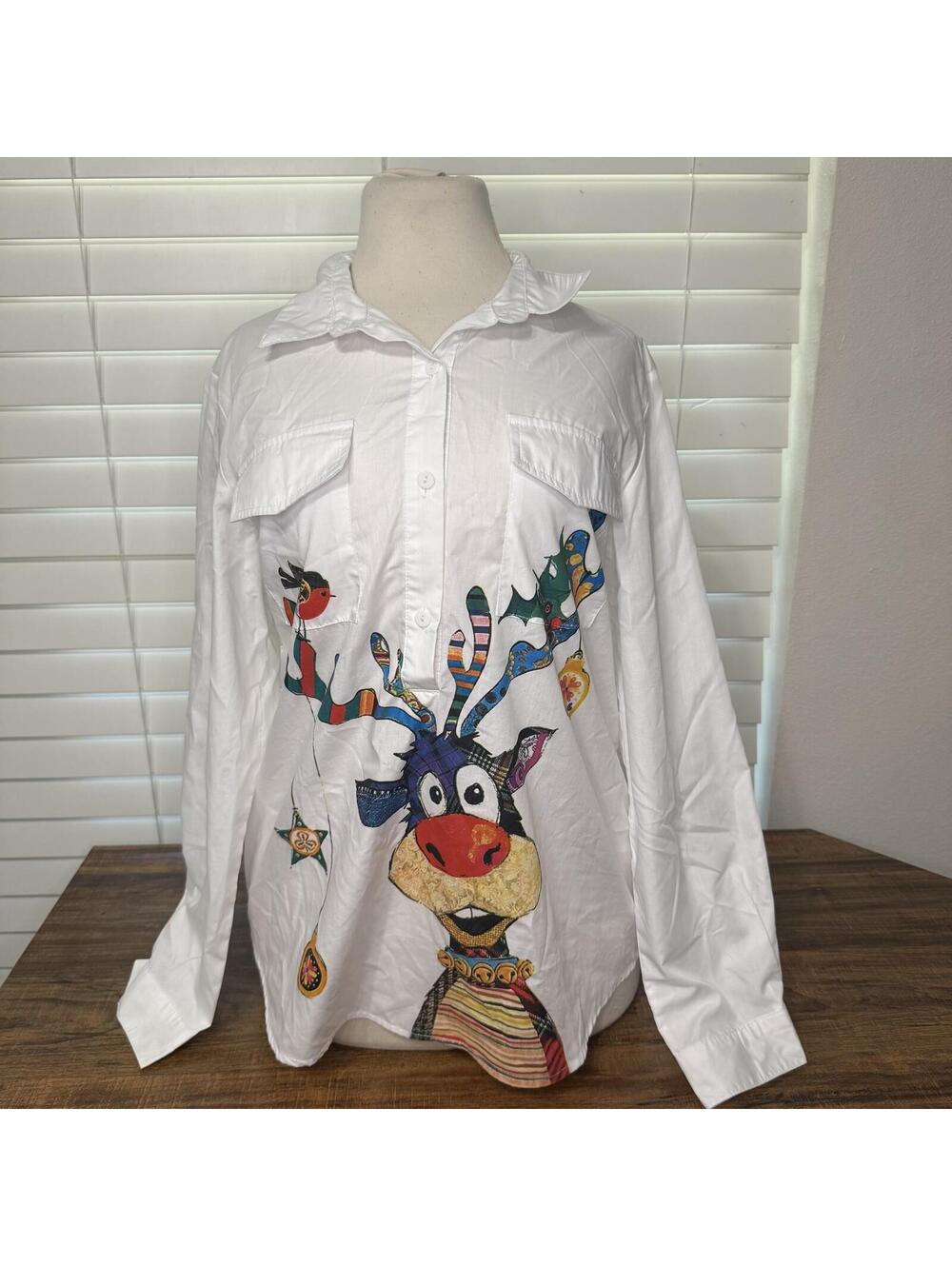 White Long Sleeve Shirt with Colorful Reindeer Print Woman's Size Large